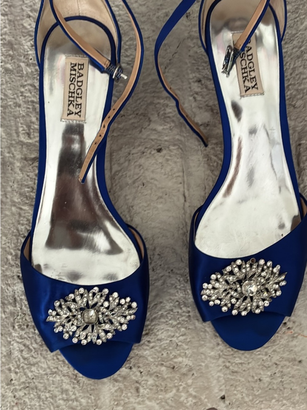 Badgley Mischka Royal Blue Satin Jeweled Peep-Toe Heels